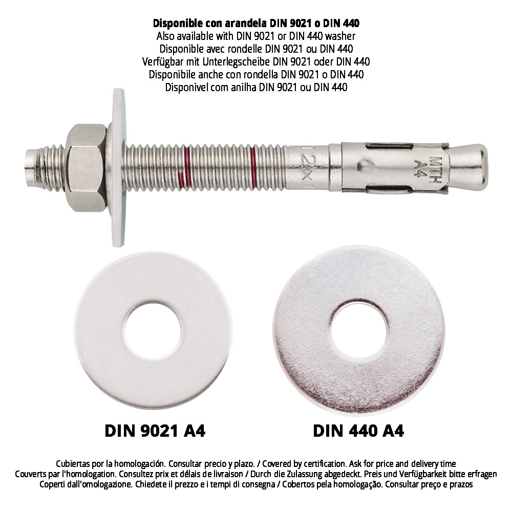 MTH-A4 [CP] Anclaje macho para cargas altas en hormigón no fisurado. Homologado ETE Opt.7. Eje inoxidable A4. Clip inoxidable A4